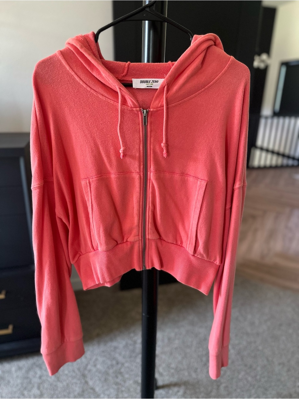 Double Zero Coral Zip Front Cropped Hoodie